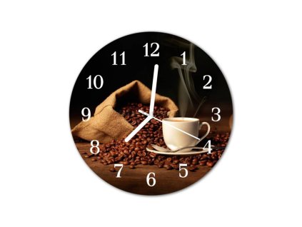 Nástěnné hodiny obrazové na skle - Káva a zrnka