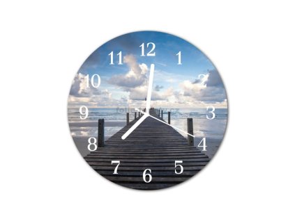 Nástěnné hodiny obrazové na skle - Molo a západ slunce