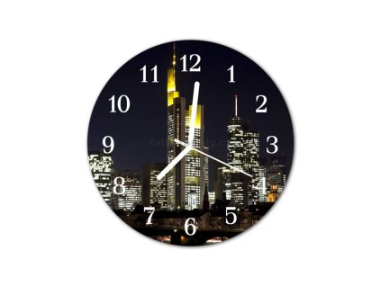 Nástěnné hodiny obrazové na skle - Mrakodrap ve tmě