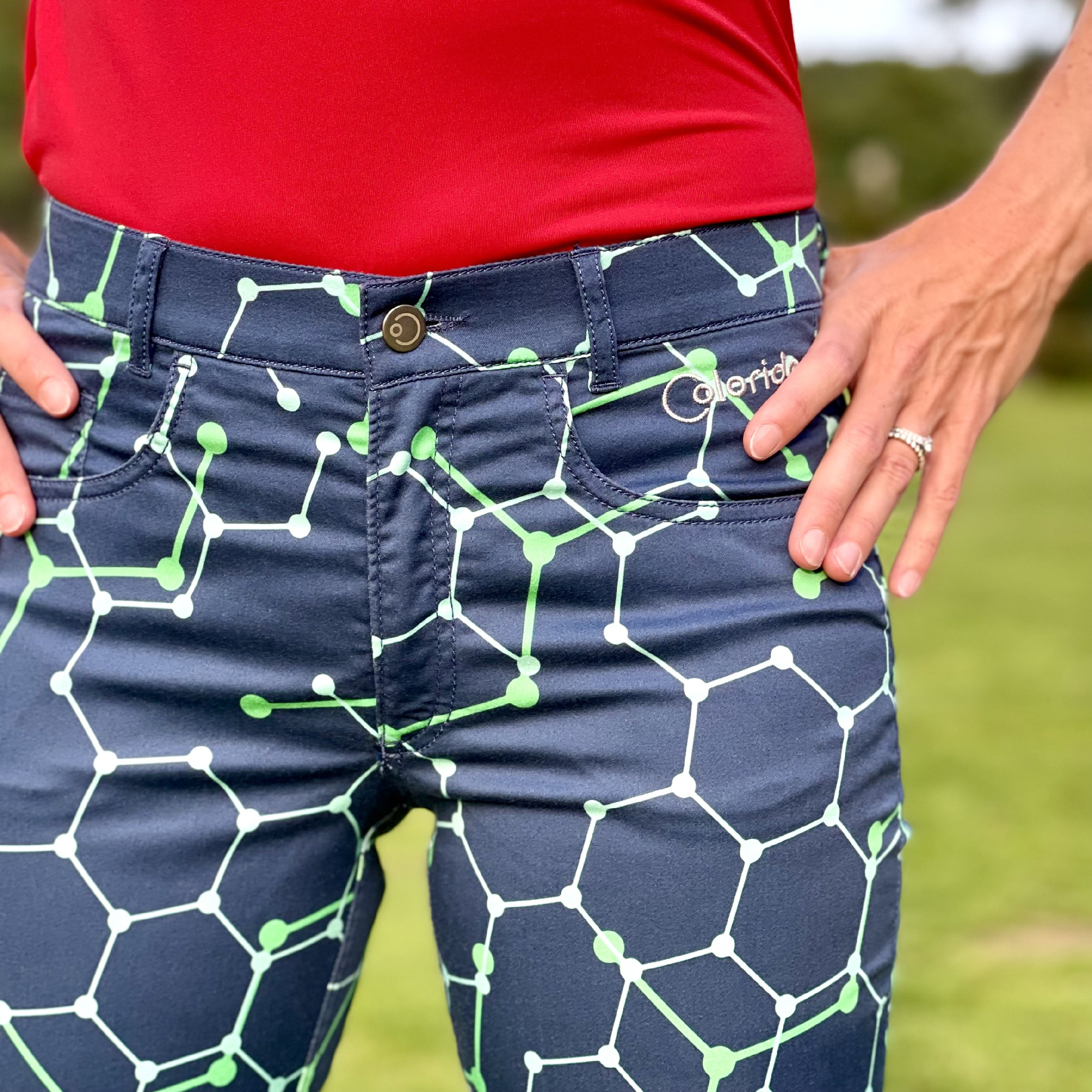 Dámské originální golfové kalhoty Colorido se vzorem molekul Velikost: L, Délka nohavic: KLASICKÁ, Barva: MODRÁ