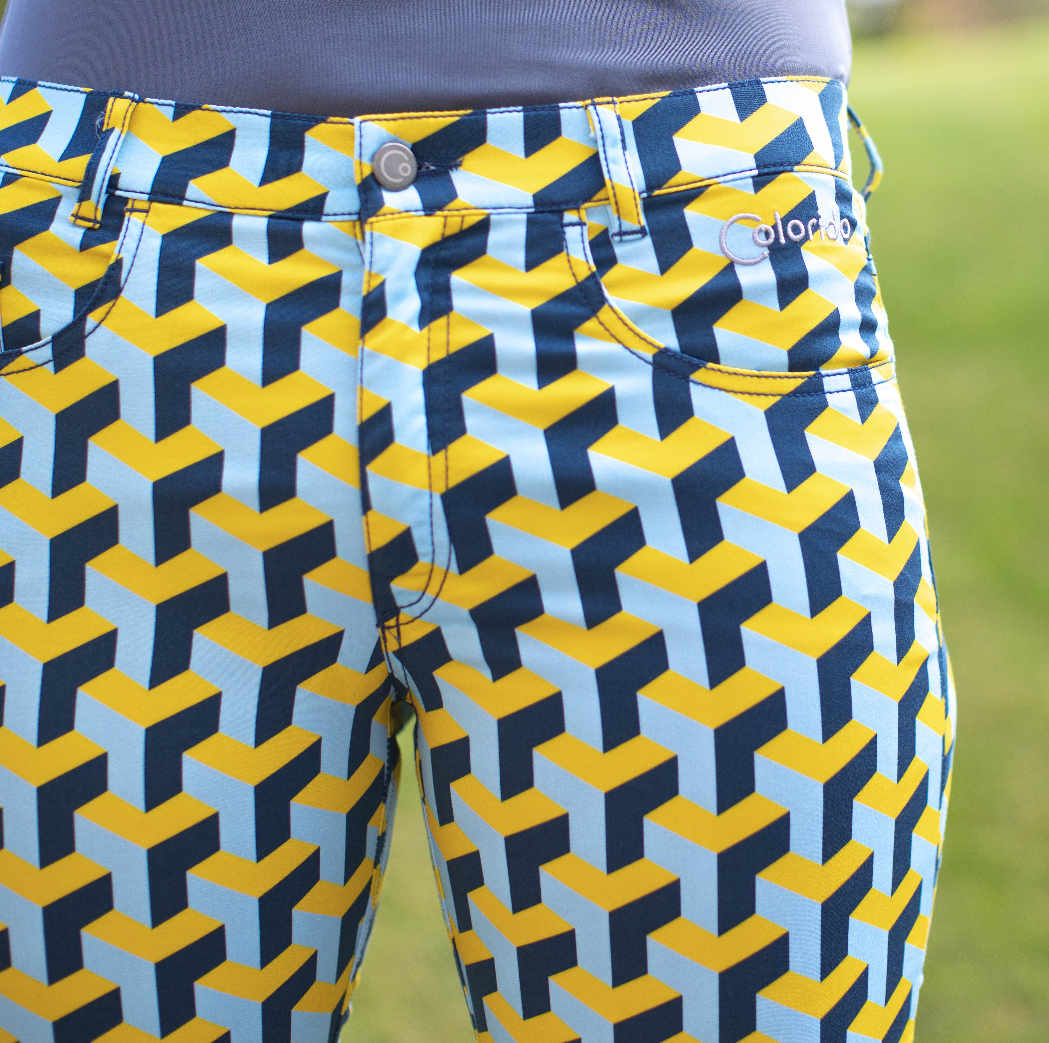Dámské žluto-modré golfové kalhoty Colorido Velikost: XL, Délka nohavic: KLASICKÁ, Barva: ŽLUTÁ
