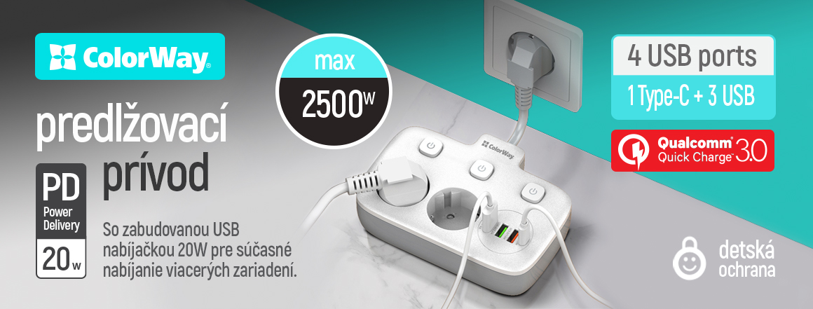Predlžovací kábel ColorWay CW-CHE24PDW (2x220V/3xUSB-A/1xUSB-C) - biely