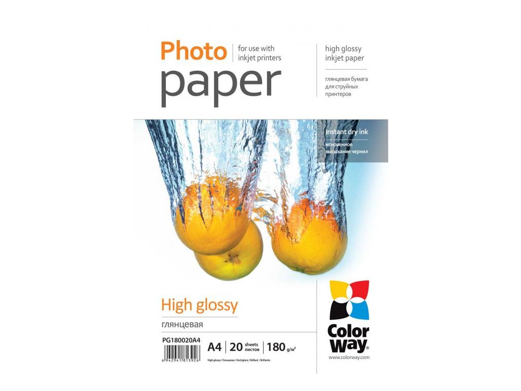 Photo paper ColorWay high glossy 180 g/m², A4, 20 sht (PG180020A4)