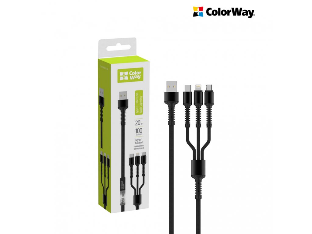 Kábel ColorWay univerzálny 3v1 (Lightning+MicroUSB+Type-C) 4.0A, 20W, 1.2m, grey (CW-CBU3003-GR)