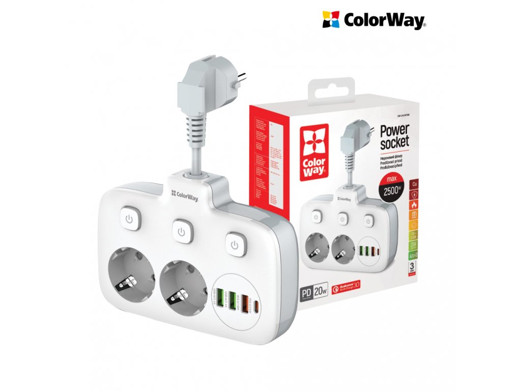 Predlžovací kábel ColorWay 2x220V/3xUSB-A/1xUSB-C, biely (CW-CHE24PDW)