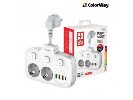 Predlžovací kábel ColorWay 2x220V/3xUSB-A/1xUSB-C, biely (CW-CHE24PDW)