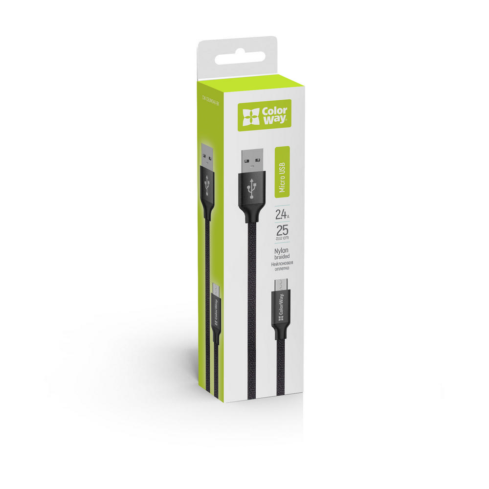 ColorWay Kábel USB MicroUSB 2.4A, 25cm, black  (CW-CBUM048-BK)