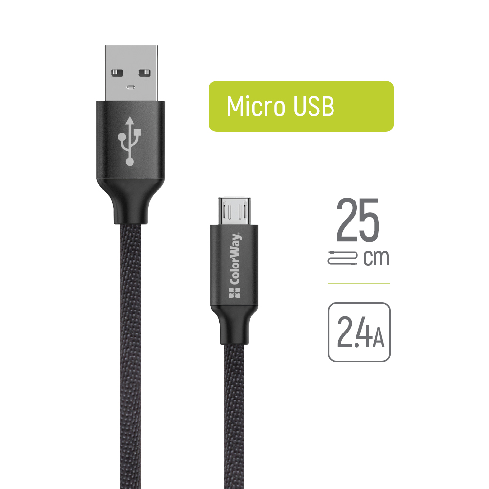 ColorWay Kábel USB MicroUSB 2.4A, 25cm, black  (CW-CBUM048-BK)
