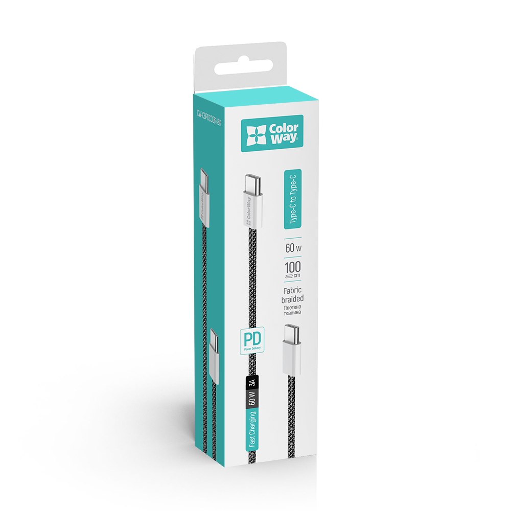 Kábel ColorWay Type-C - Type-C (braided cotton) PD Fast Charging 60W, 3.0А, 1m, čierny (CW-CBPDCC061-BK)