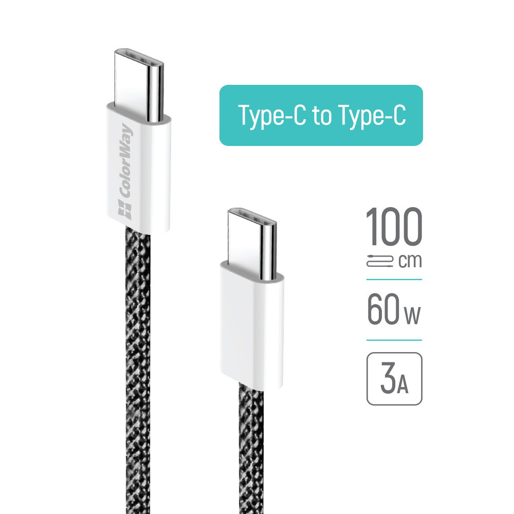 Kábel ColorWay Type-C - Type-C (braided cotton) PD Fast Charging 60W, 3.0А, 1m, čierny (CW-CBPDCC061-BK)