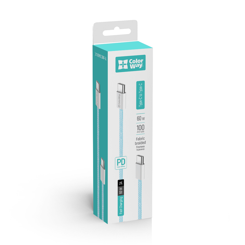 Kábel ColorWay Type-C - Type-C (braided cotton) PD Fast Charging 60W, 3.0А, 1m, modrý (CW-CBPDCC061-BL)