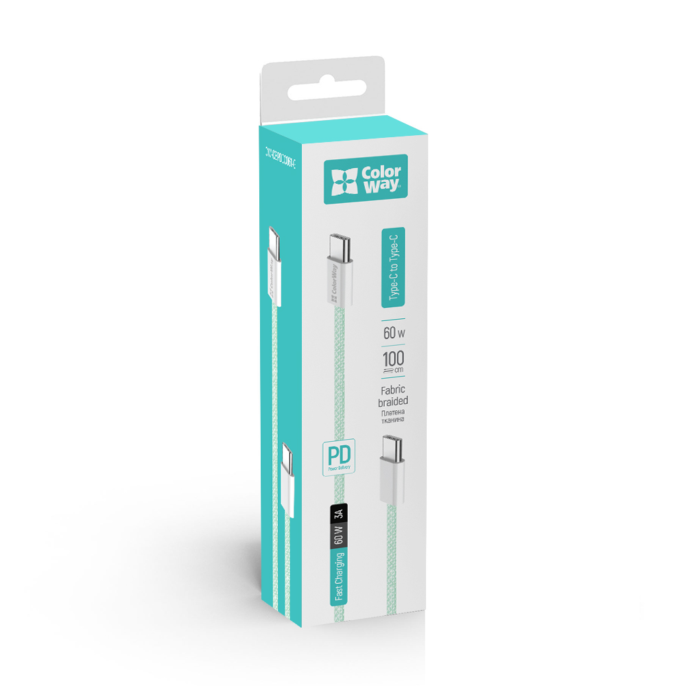 Kábel ColorWay Type-C - Type-C (braided cotton) PD Fast Charging 60W, 3.0А, 1m, zelený (CW-CBPDCC061-G)