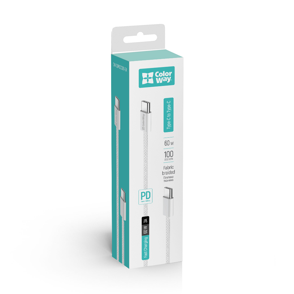 Kábel ColorWay Type-C - Type-C (braided cotton) PD Fast Charging 60W, 3.0А, 1m, grey (CW-CBPDCC061-GR)