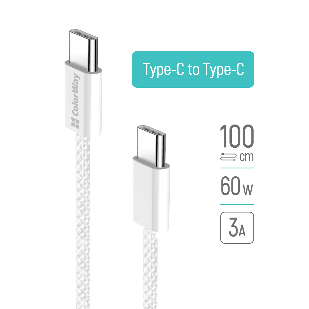 Kábel ColorWay Type-C - Type-C (braided cotton) PD Fast Charging 60W, 3.0А, 1m, grey (CW-CBPDCC061-GR)