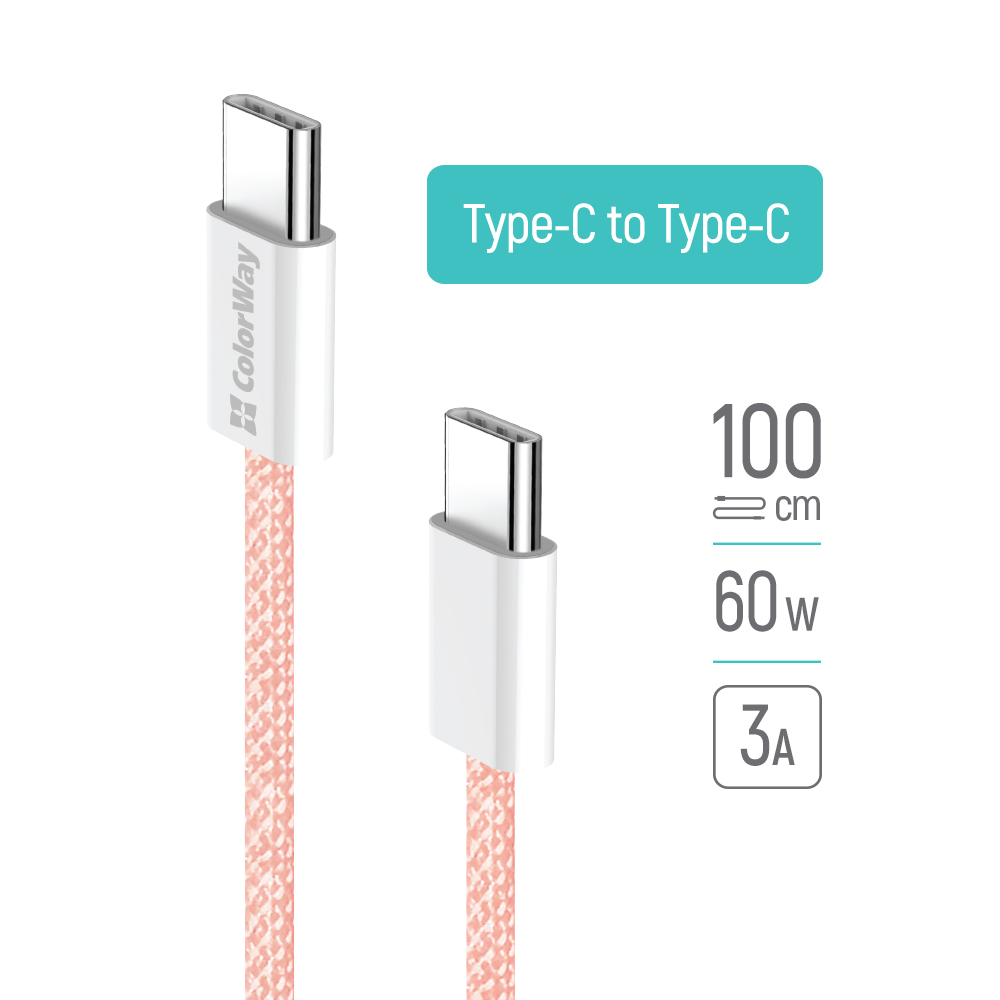 Kábel ColorWay Type-C - Type-C (braided cotton) PD Fast Charging 60W, 3.0А, 1m, ružová (CW-CBPDCC061-P)
