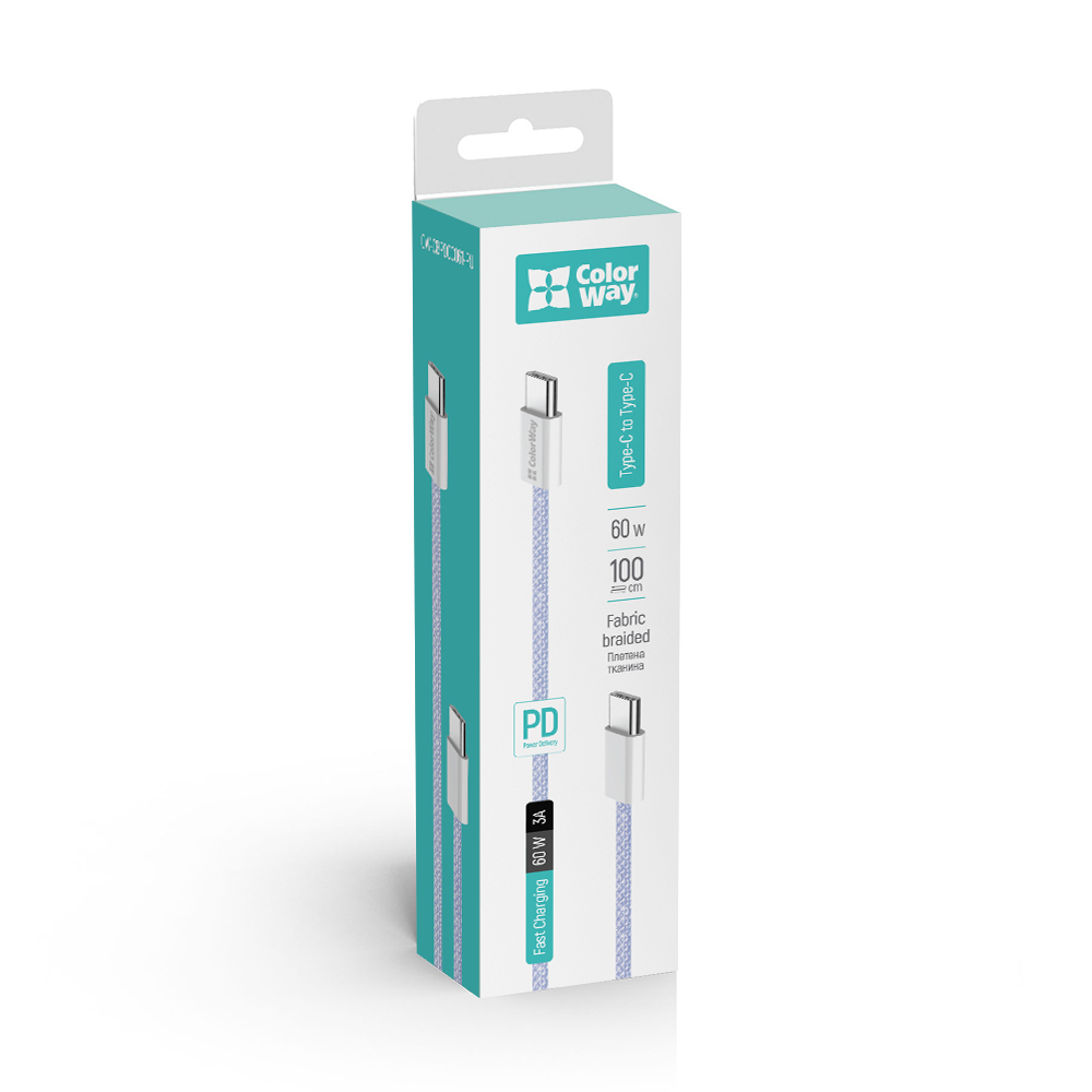 Kábel ColorWay Type-C - Type-C (braided cotton) PD Fast Charging 60W, 3.0А, 1m, fialová (CW-CBPDCC061-PU)