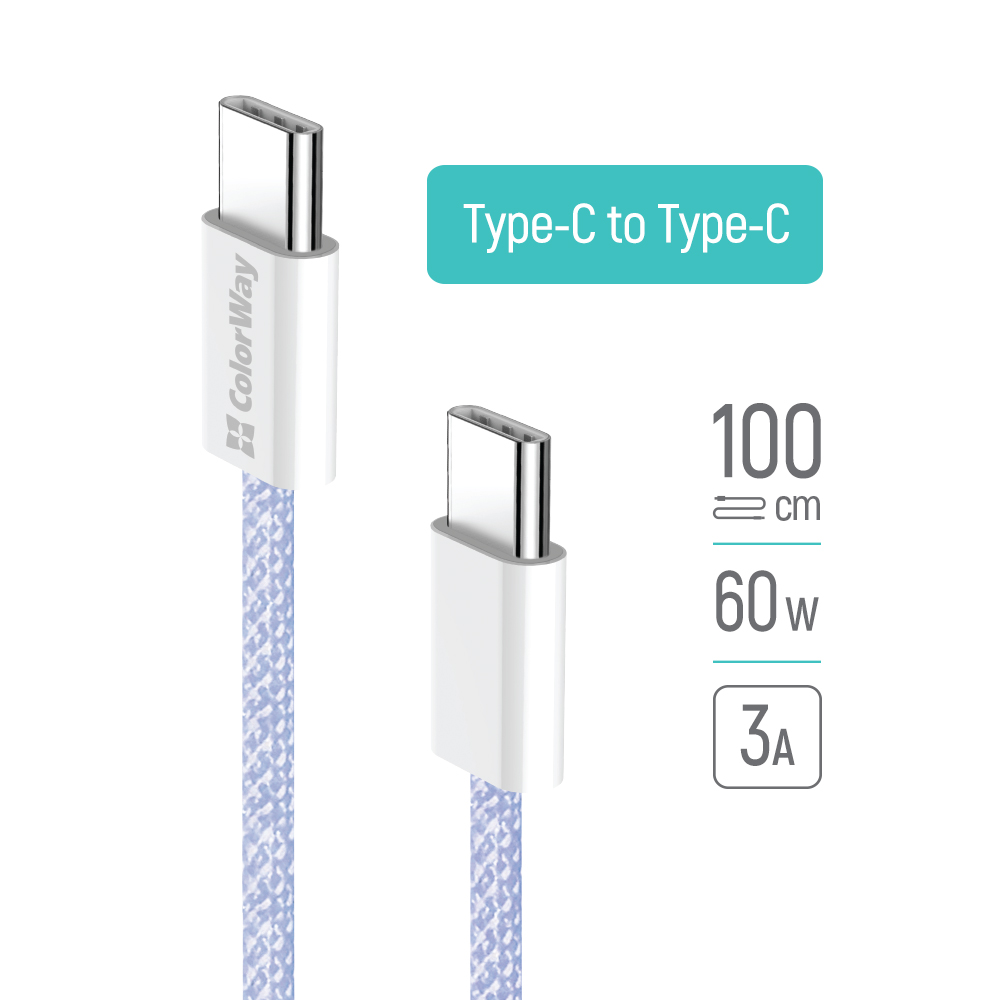 Kábel ColorWay Type-C - Type-C (braided cotton) PD Fast Charging 60W, 3.0А, 1m, fialová (CW-CBPDCC061-PU)