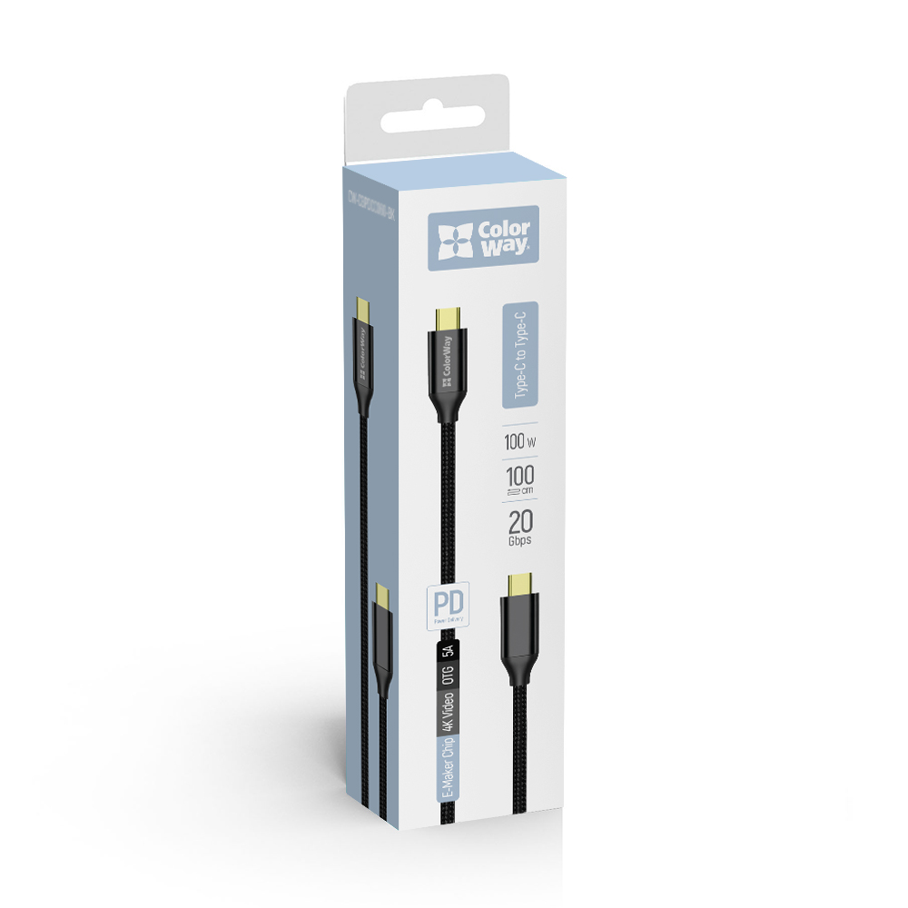 Kábel ColorWay Type-C - Type-C USB3.2 (20Gbps 4K PD 100W) Gen2, 5.0А, 1m, čierny (CW-CBPDCC062-BK)