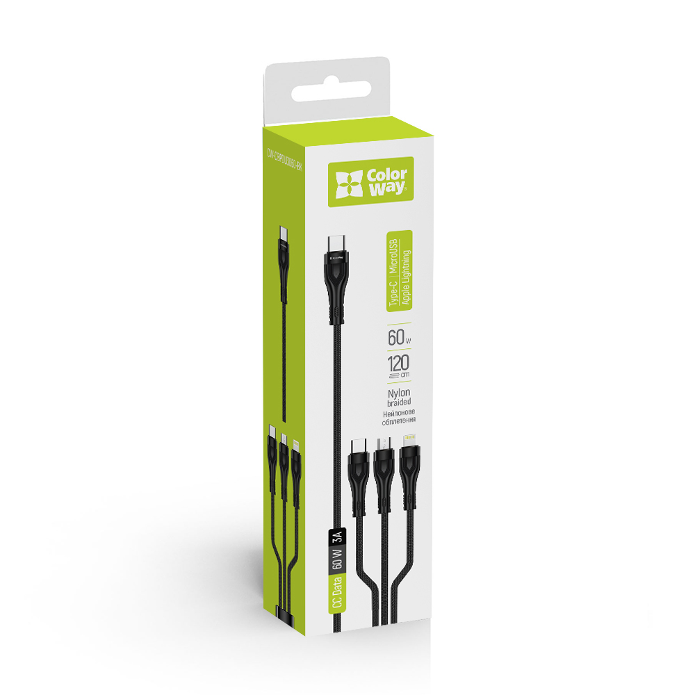 Kábel ColorWay 3v1 (Lightning+MicroUSB+Type-C) 3.0A, PD 60W data, 20W, 1.2m, čierny (CW-CBPDU3060-BK)