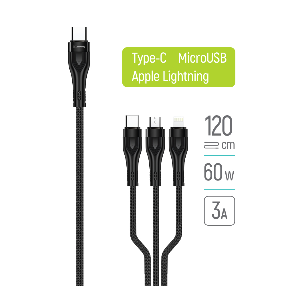 Kábel ColorWay 3v1 (Lightning+MicroUSB+Type-C) 3.0A, PD 60W data, 20W, 1.2m, čierny (CW-CBPDU3060-BK)