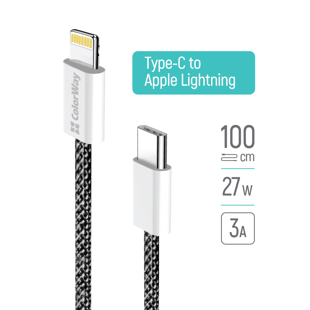 Kábel ColorWay Type-C - Apple Lightning (braided cotton) PD 27W, 1m, čierny (CW-CBPDCL061-BK)