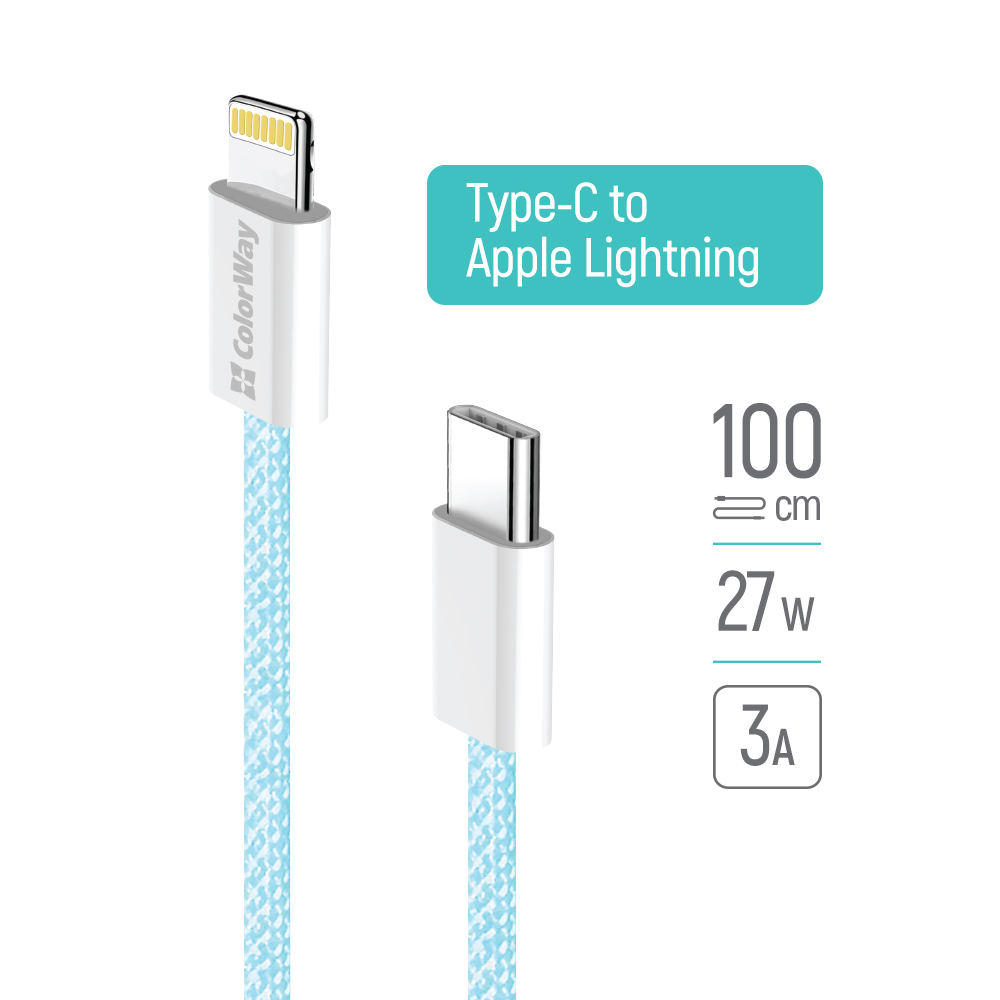 Kábel ColorWay Type-C - Apple Lightning (braided cotton) PD 27W, 1m, modrý (CW-CBPDCL061-BL)