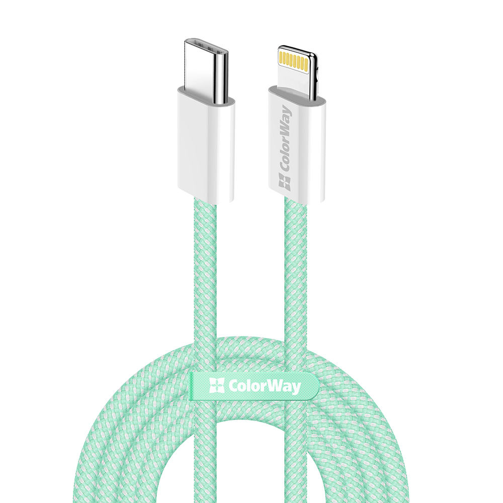ColorWay Type-C - Apple Lightning (braided cotton) PD 27W, 1m, zelený (CW-CBPDCL061-G)