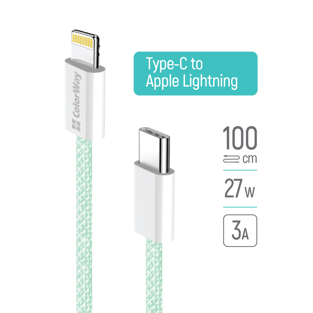 Kábel ColorWay Type-C - Apple Lightning (braided cotton) PD 27W, 1m, zelený (CW-CBPDCL061-G)