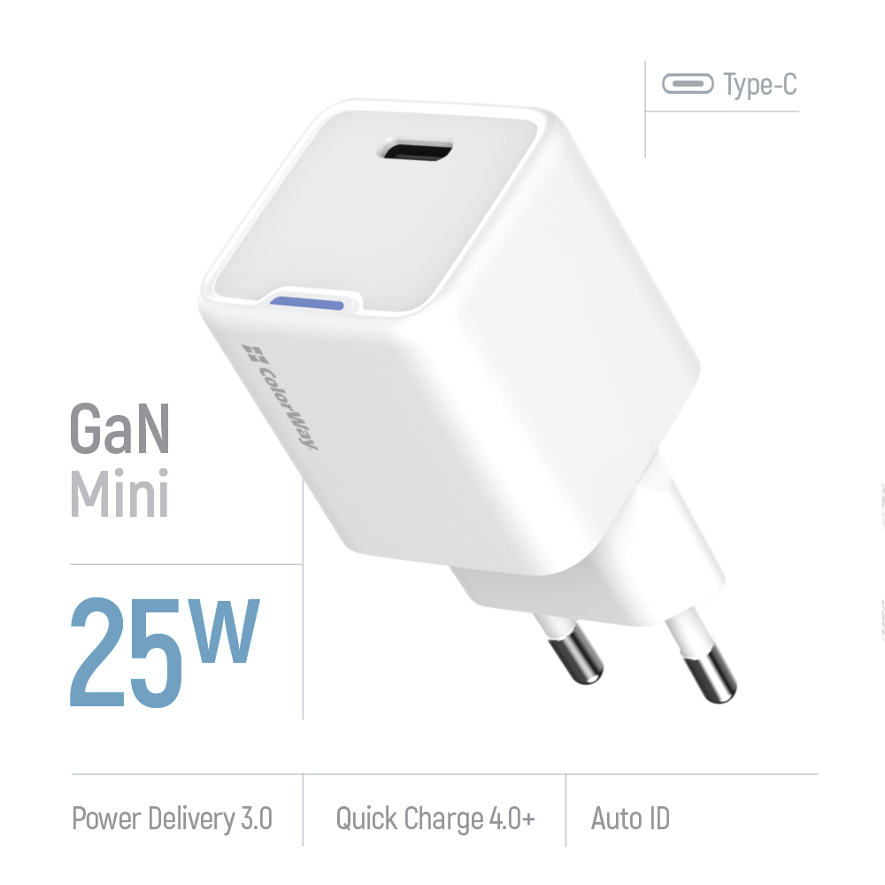 ColorWay AC nabíjačka, GaN Mini 25W PD Port, PPS, USB-C, biela (CW-CHS052PD-WT)