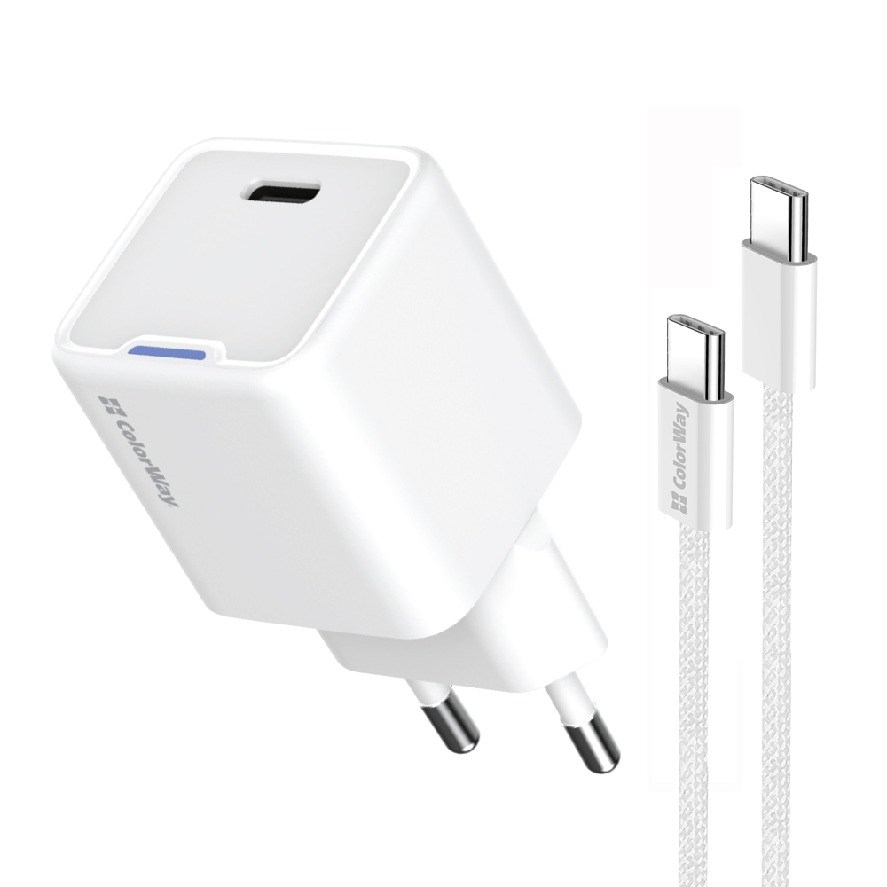 AC nabíjačka ColorWay GaN Mini 25W PD Port PPS USB-C biela, s káblom USB-C (CW-CHS052PDC-WT)