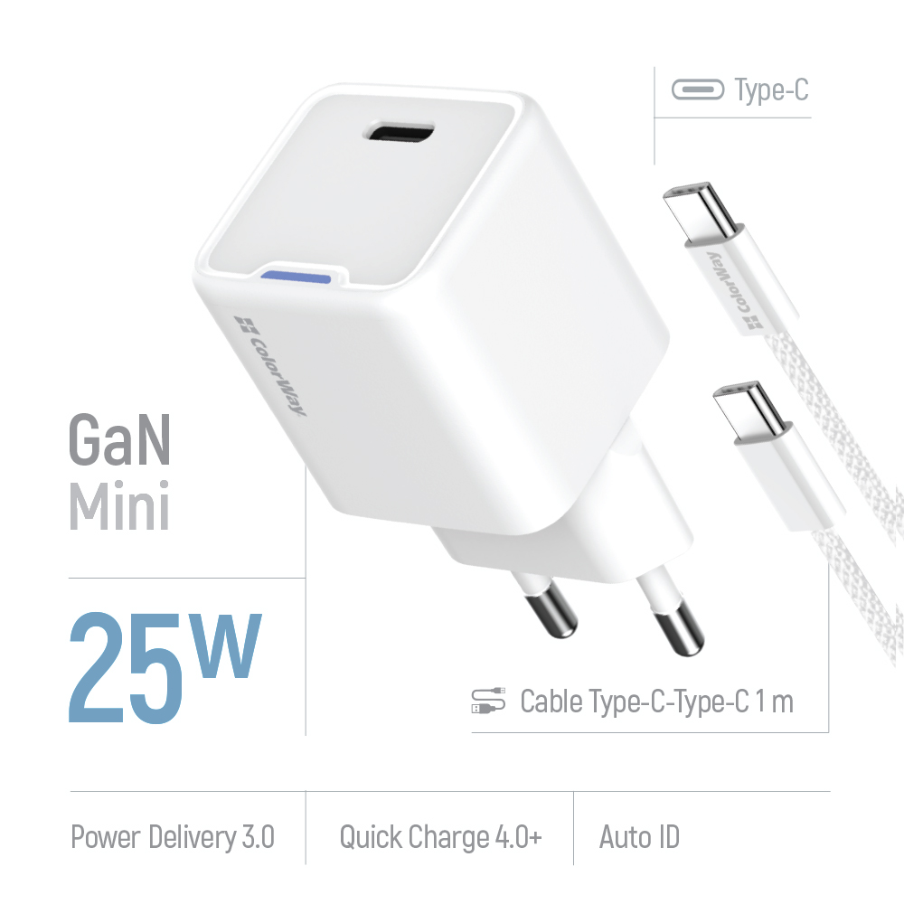 ColorWay AC nabíjačka, GaN Mini 25W PD Port PPS USB-C biela, s káblom USB-C (CW-CHS052PDC-WT)