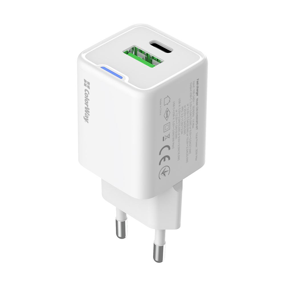 AC nabíjačka ColorWay GaN Mini 30W PD Port PPS USB (Type-C PD + USB QC4.0) biela (CW-CHS053PD-WT)
