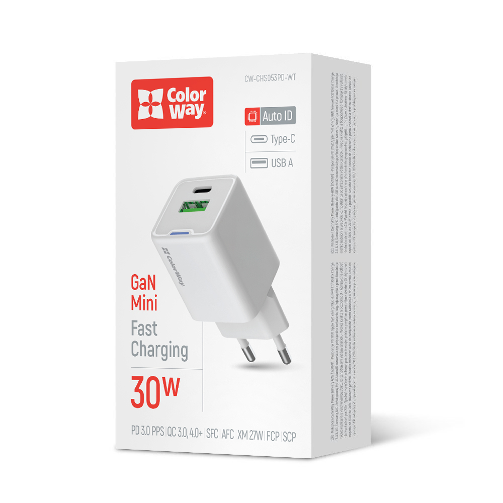 AC nabíjačka ColorWay GaN Mini 30W PD Port PPS USB (Type-C PD + USB QC4.0) biela (CW-CHS053PD-WT)