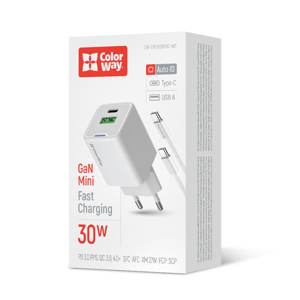AC nabíjačka ColorWay GaN Mini 30W PD Port PPS USB (Type-C PD + USB QC4.0) biela, s káblom Type-C (CW-CHS053PDC-WT)