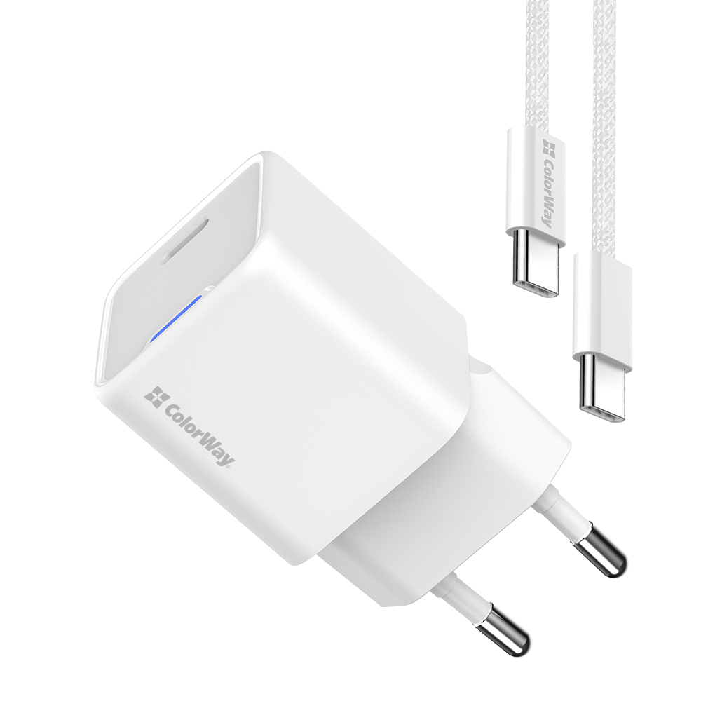 ColorWay AC nabíjačka GaN Mini 30W PD Port PPS USB-C biela + kábel Type-C (CW-CHS054PDC-WT)