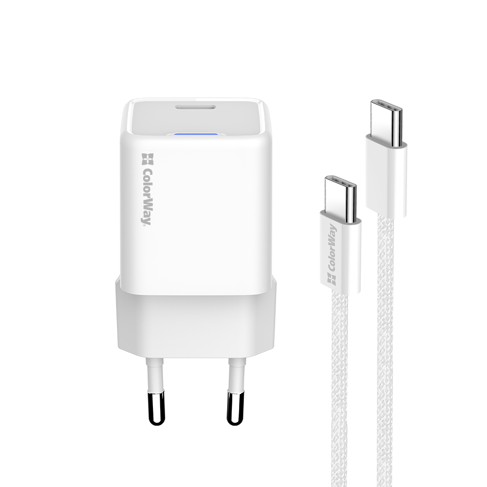 ColorWay AC nabíjačka GaN Mini 30W PD Port PPS USB-C biela + kábel Type-C (CW-CHS054PDC-WT)