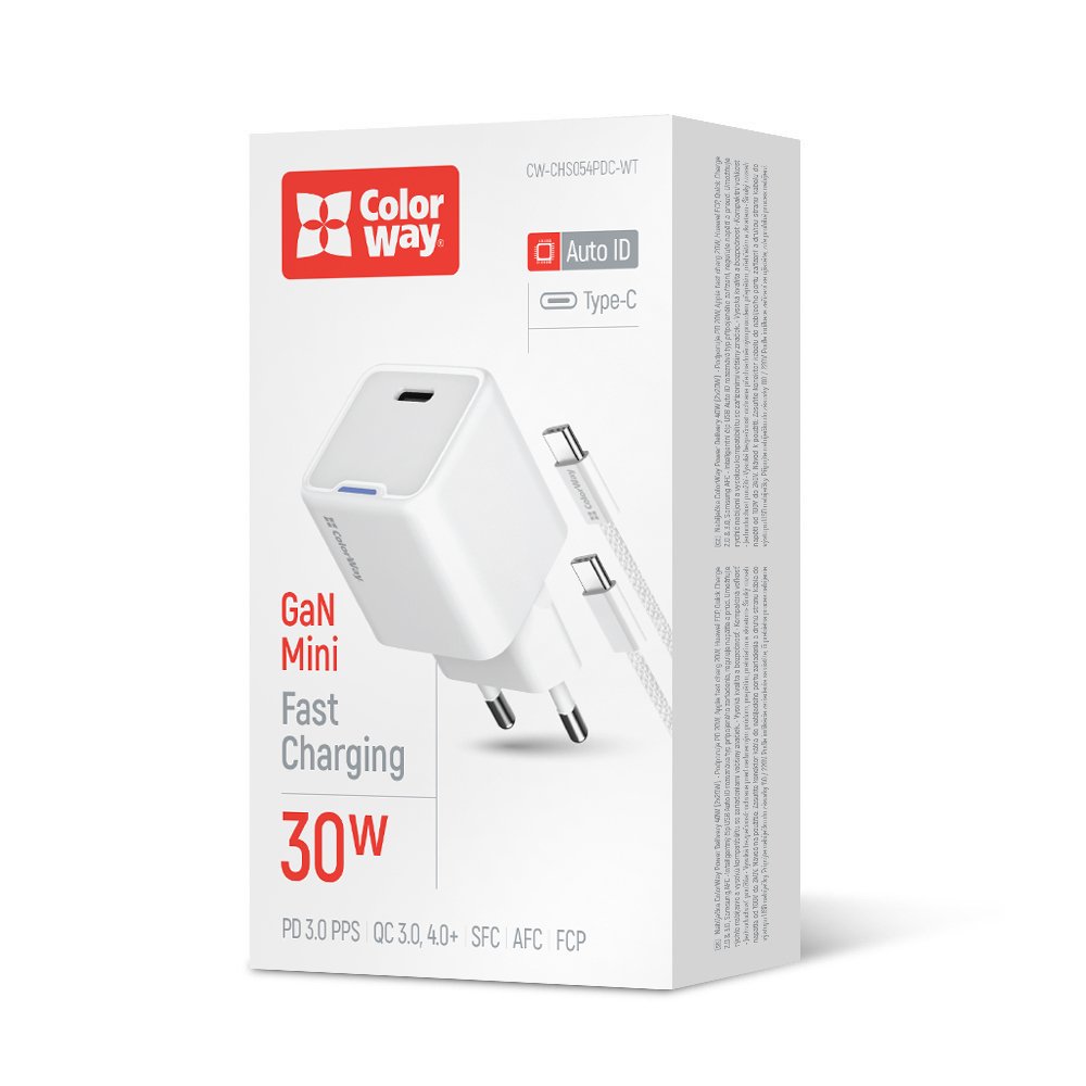 

AC nabíjačka ColorWay GaN Mini 30W PD Port PPS USB-C biela + kábel Type-C (CW-CHS054PDC-WT)