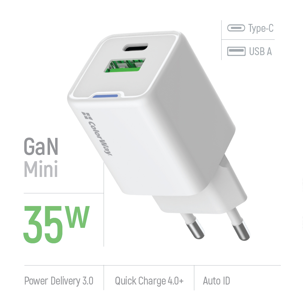ColorWay AC nabíjačka GaN Mini 35W PD Port PPS USB (Type-C PD + USB QC4.0) biela (CW-CHS055PD-WT)