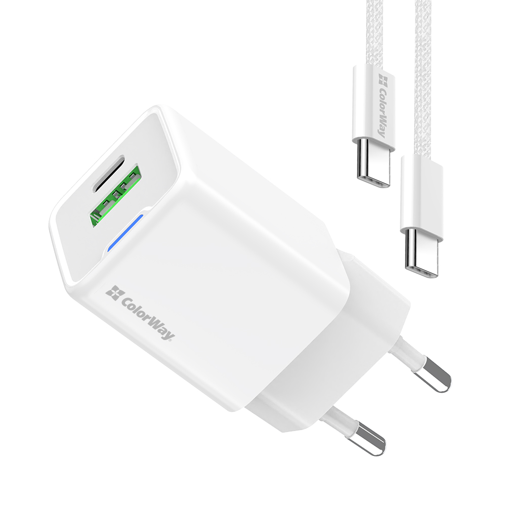 AC nabíjačka ColorWay GaN Mini 35W PD Port PPS USB (Type-C PD + USB QC4.0) biela, kábel Type-C (CW-CHS055PDC-WT)