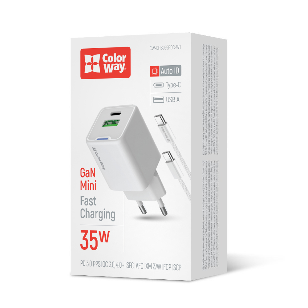 AC nabíjačka ColorWay GaN Mini 35W PD Port PPS USB (Type-C PD + USB QC4.0) biela, kábel Type-C (CW-CHS055PDC-WT)