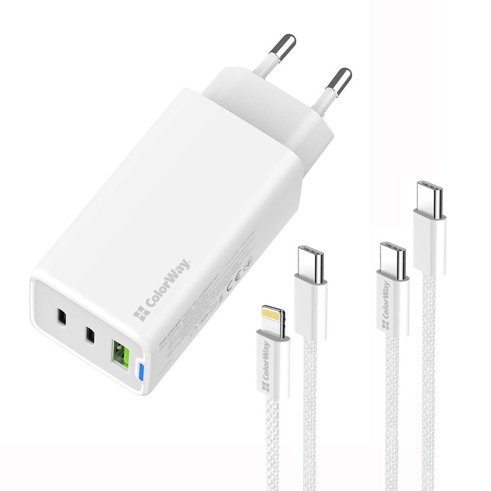 AC nabíjačka ColorWay GaN Mini 65W PD Port PPS USB (USB-2C1A) káble Type-C & Lightning (CW-CHS058PDCL-WT)