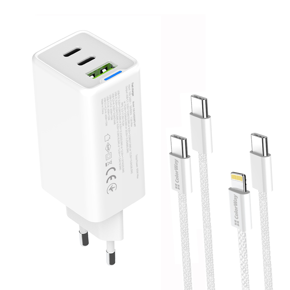 ColorWay AC nabíjačka GaN Mini 65W PD Port PPS USB (USB-2C1A) káble Type-C & Lightning (CW-CHS058PDCL-WT)