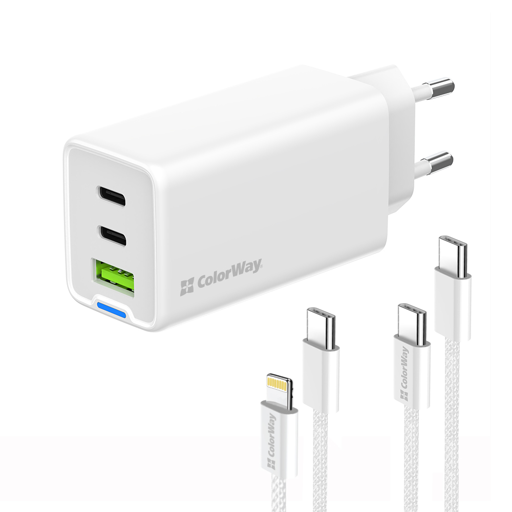 ColorWay AC nabíjačka GaN Mini 65W PD Port PPS USB (USB-2C1A) káble Type-C & Lightning (CW-CHS058PDCL-WT)
