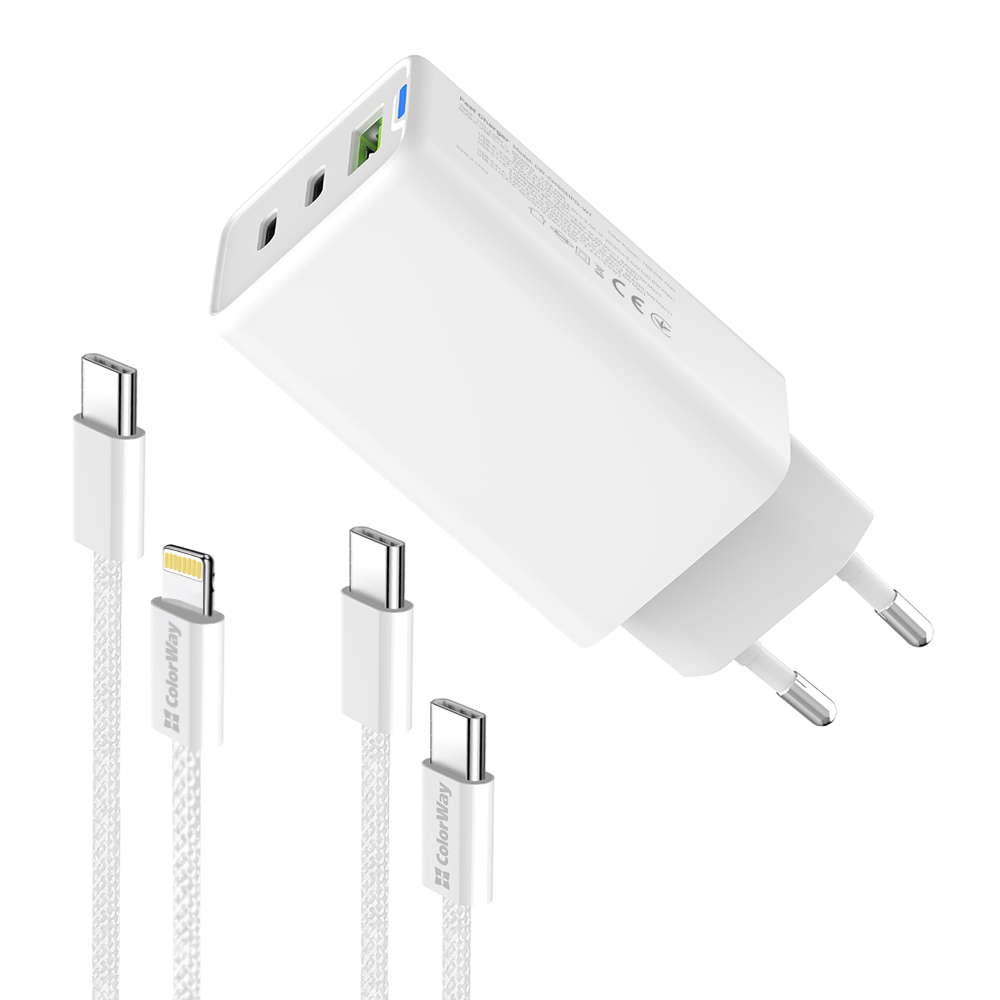 ColorWay AC nabíjačka GaN Mini 65W PD Port PPS USB (USB-2C1A) káble Type-C & Lightning (CW-CHS058PDCL-WT)