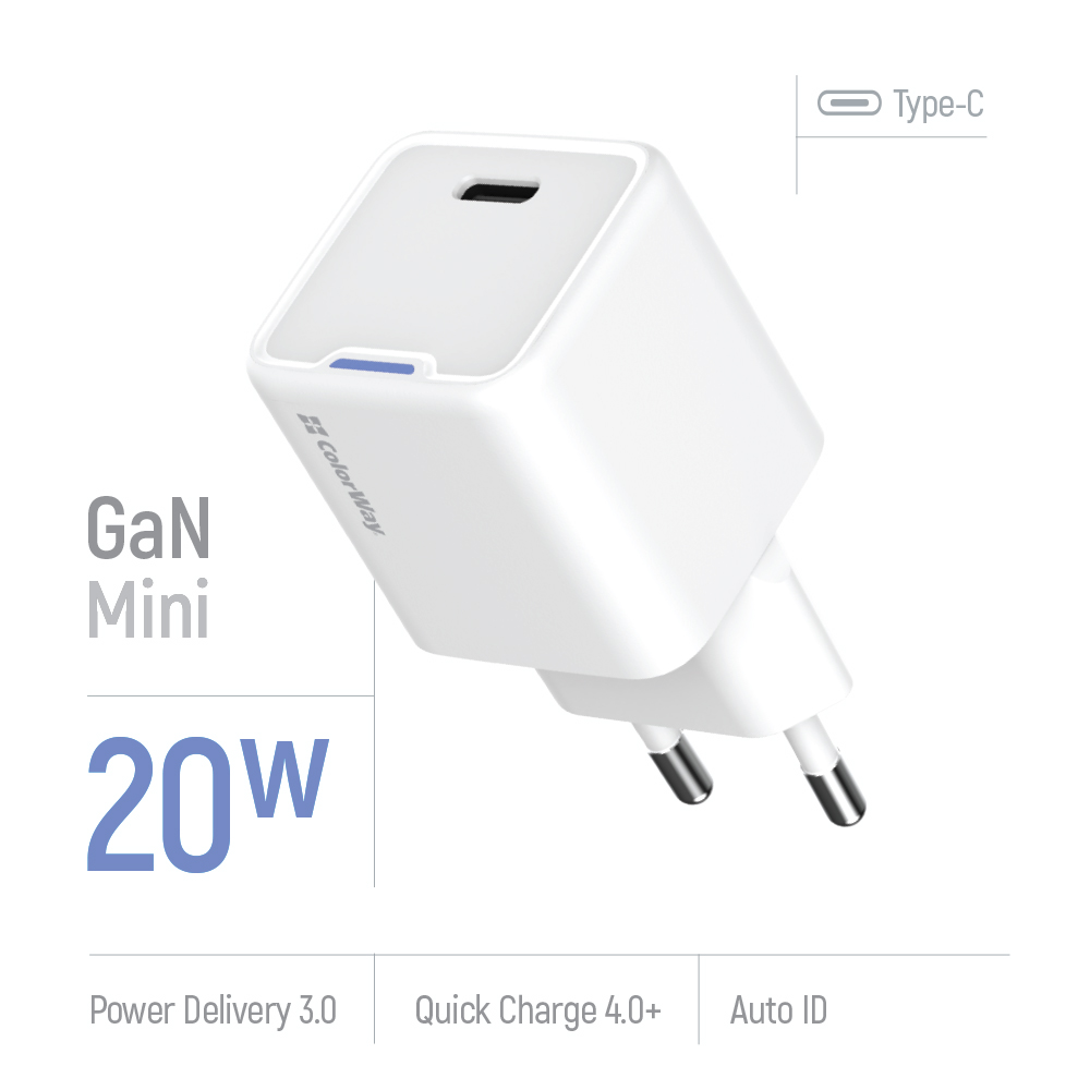 ColorWay USB Nabíjačka GaN Mini 20W PD Port PPS USB-C, biela (CW-CHS059PD-WT)