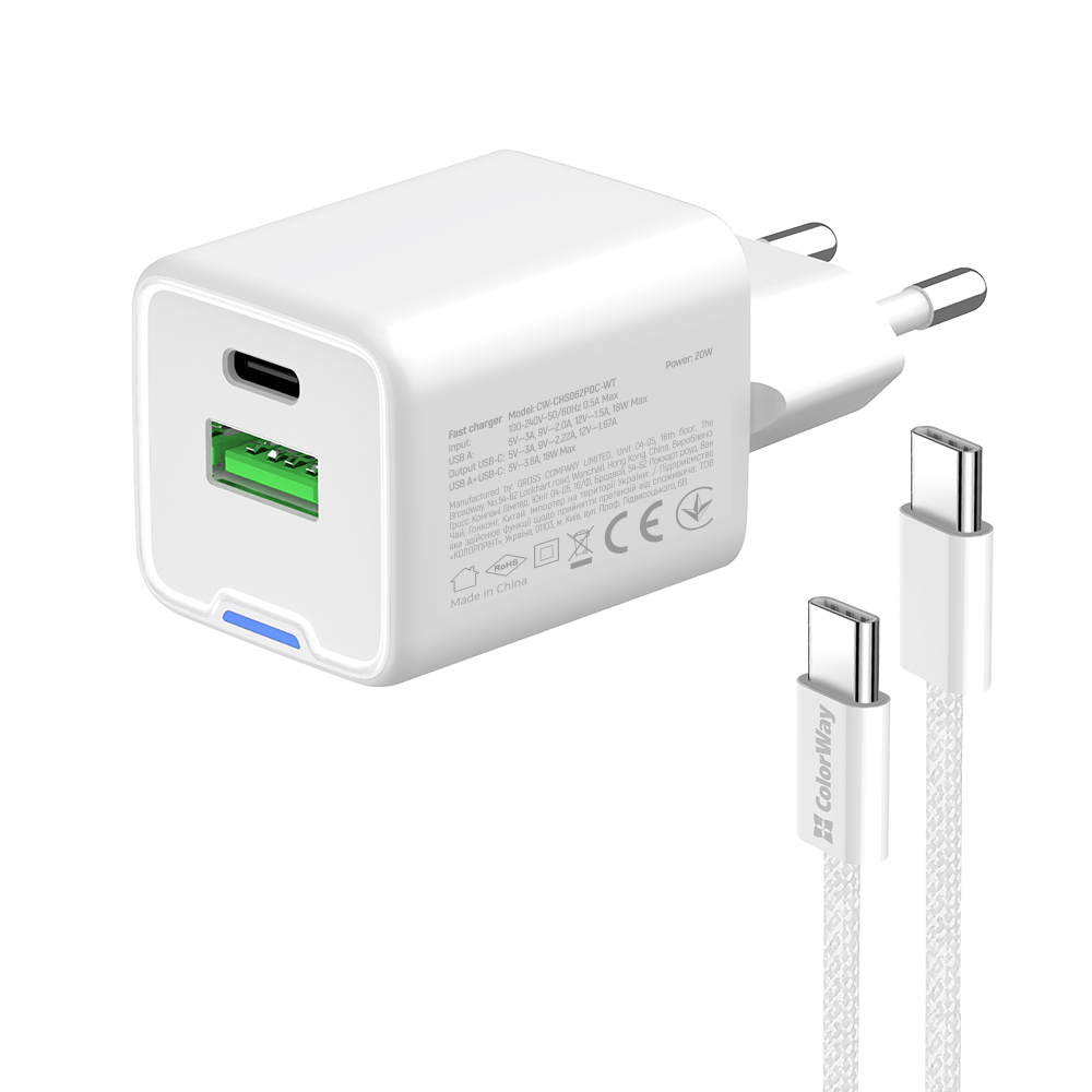 ColorWay USB Nabíjačka GaN Mini 20W PD Port PPS USB (Type-C PD + USB QC4.0) + kábel Type-C (CW-CHS062PDC-WT)