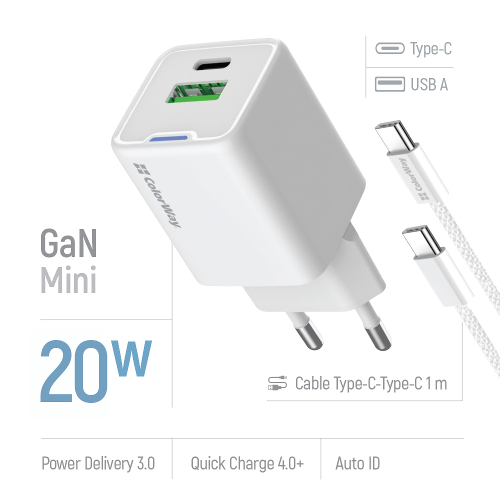 ColorWay USB Nabíjačka GaN Mini 20W PD Port PPS USB (Type-C PD + USB QC4.0) + kábel Type-C (CW-CHS062PDC-WT)