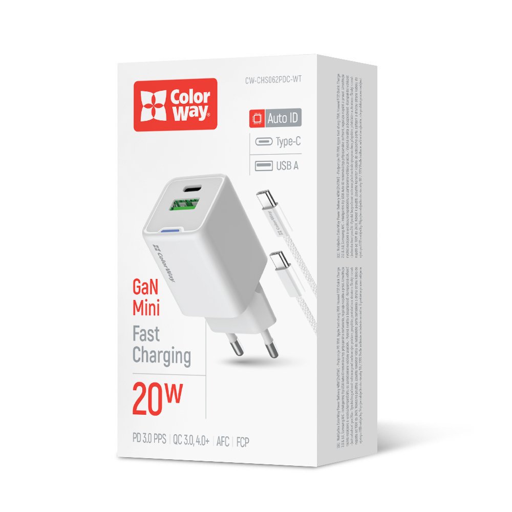 USB Nabíjačka ColorWay GaN Mini 20W PD Port PPS USB (Type-C PD + USB QC4.0) + kábel Type-C (CW-CHS062PDC-WT)