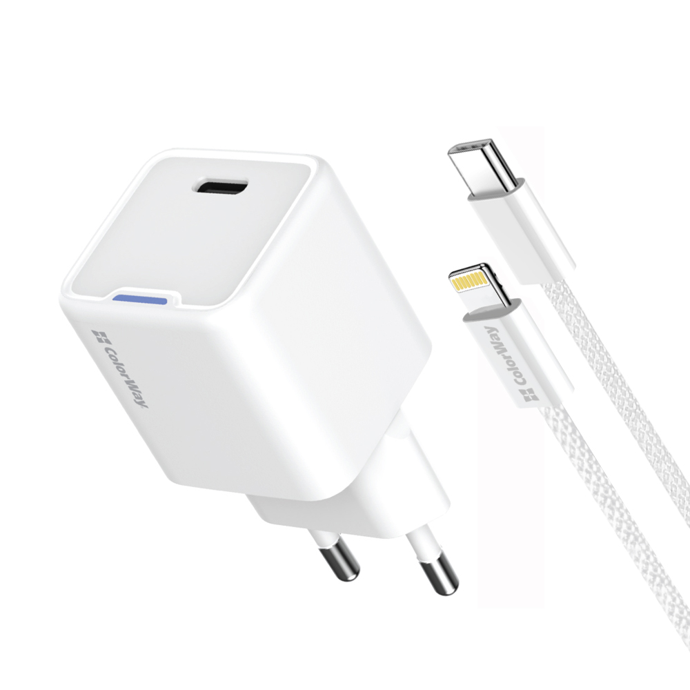 AC Nabíjačka ColorWay GaN Mini 20W PD Port PPS USB-C biela + kábel Lightning (CW-CHS059PDL-WT)