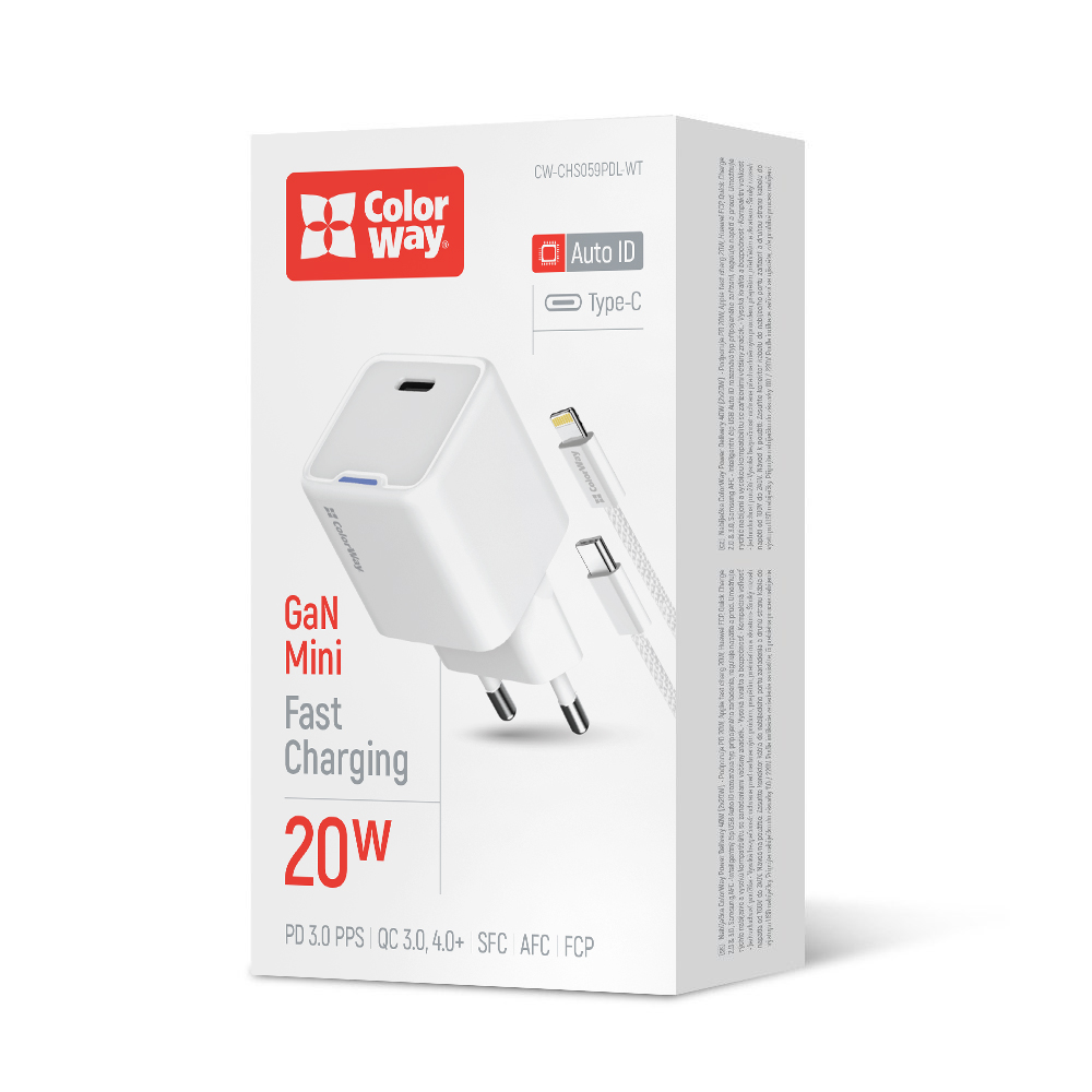 AC Nabíjačka ColorWay GaN Mini 20W PD Port PPS USB-C biela + kábel Lightning (CW-CHS059PDL-WT)